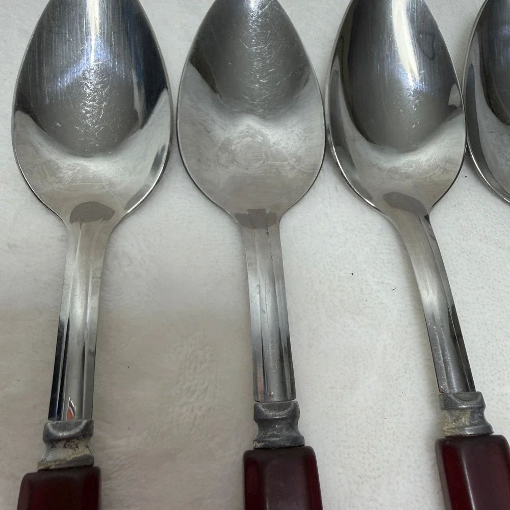 VTG Red Bakelite Handle Stainless Steel Spoons Set of 5‎ Mid-Century Art Deco